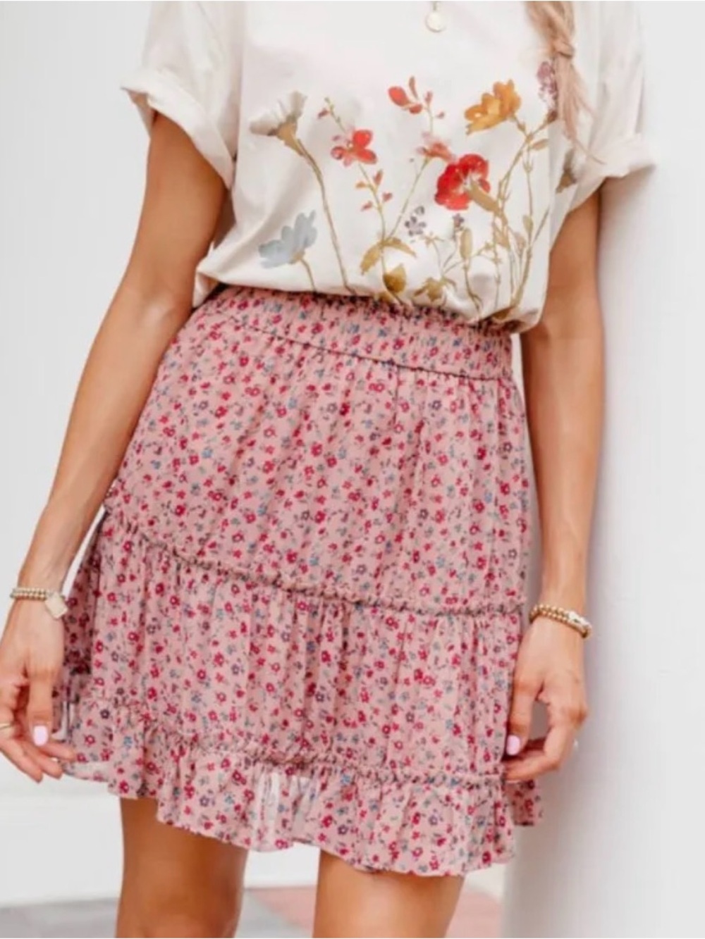 Amaryllis Pink Floral Tiered Mini Skirt